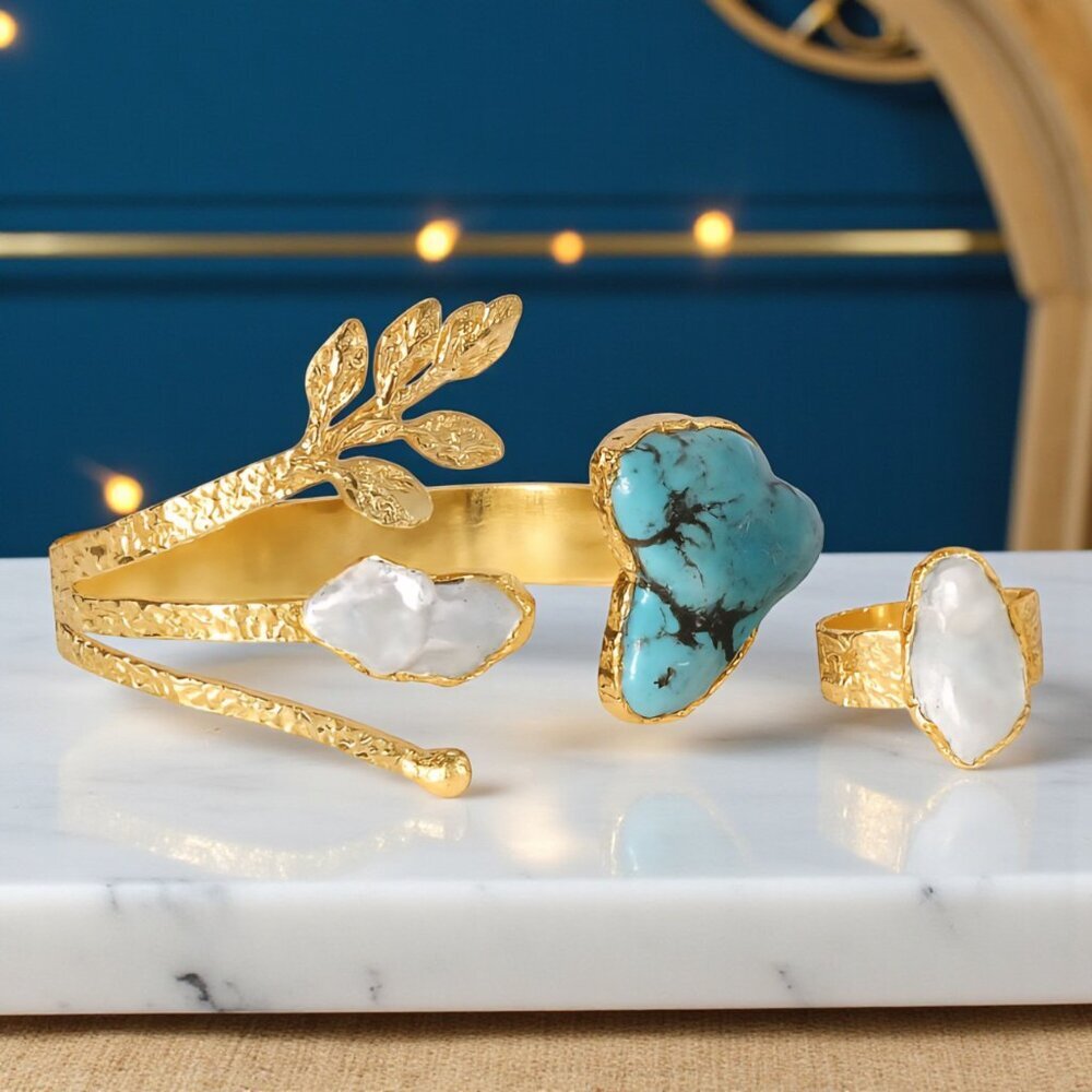 Boho Artisan Jewelry Set 18K Gold Plated Genuine Turquoise Baroque‎ Pearls - Picture 13 of 14